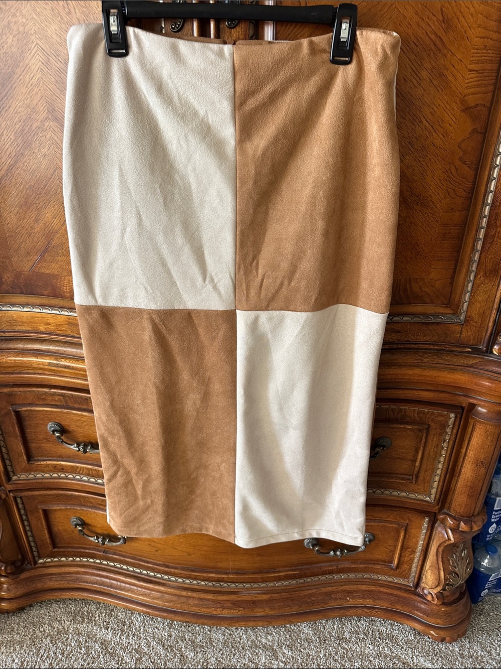 Colorblock Faux Suede Pencil Skirt - Cream & Tan